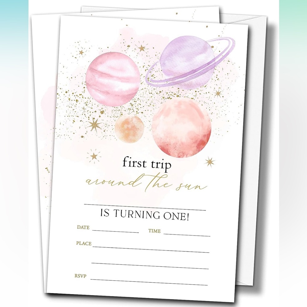 “First Trip Around The Sun” Birthday Party Invitations for 1st Birthday 20 count - Picture 2 of 4